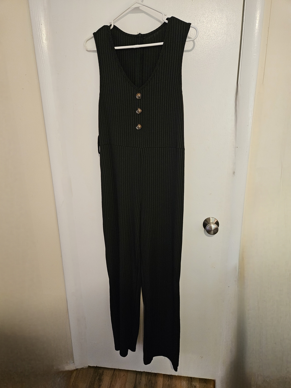SHEIN Black Ribbed V-Neck Button Jumpsuit